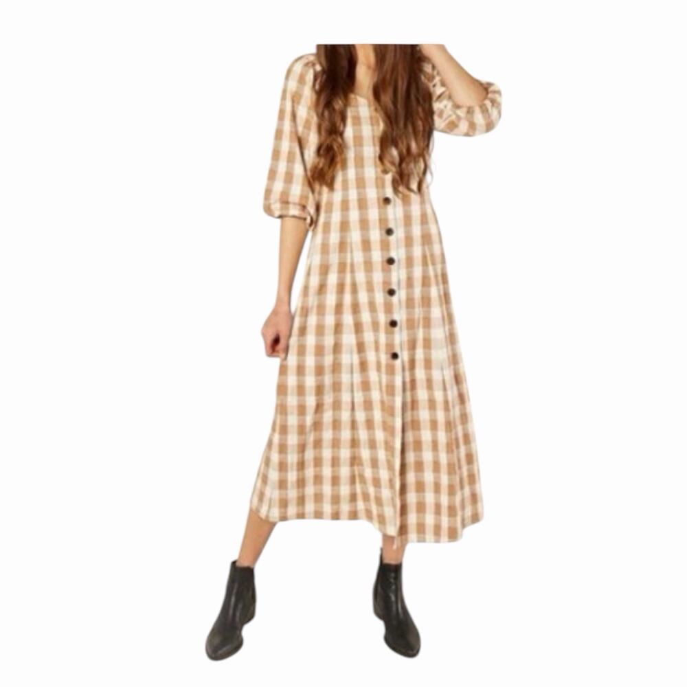 Rylee + Cru Womens Check Lily Dress Cinnamon Gingham Midi Sz L Large AW21 Cotton